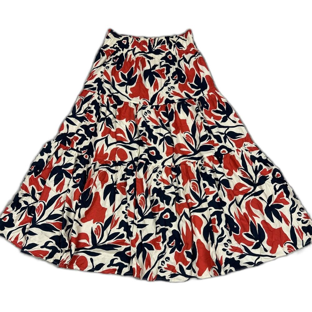 Evy's Tree Skirt Womens Large Tiered Maxi Skirt Red Navy Beige Floral Boho New